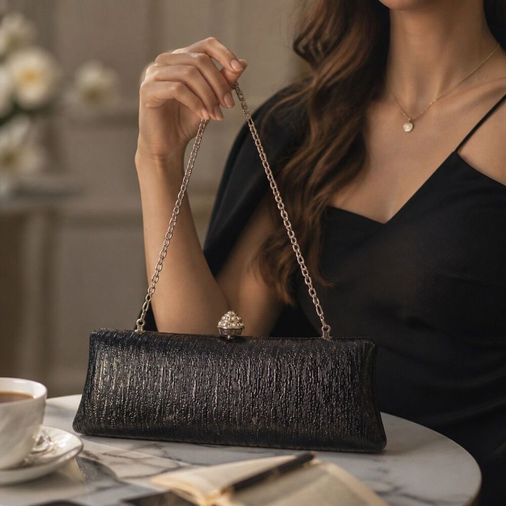 Kate Landry Black Textured Hard-Shell Evening Clutch Bag with Jeweled Clasp
